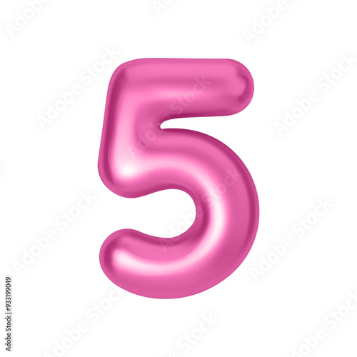 Pink metallic number 5. Foil and latex balloon number five in 3d style. Realistic design elements isolated on white background. Vector illustration