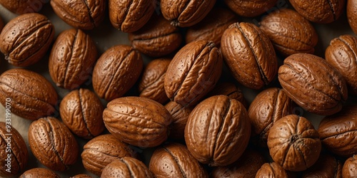 Close-up of a pecan nut on a beige background.