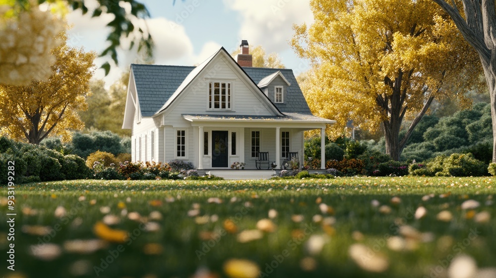 Autumn leaves cascade gracefully in front of a charming American house surrounded by vibrant foliage Autumn leaves cascade gracefully in front of a charming American house surrounded by vibrant foliage