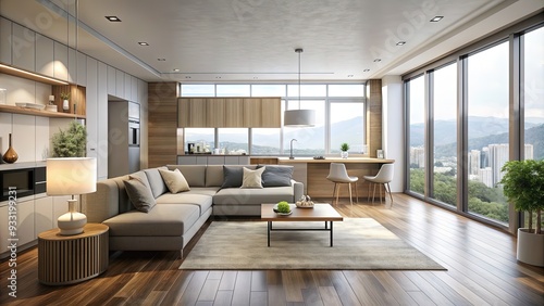 Modern minimalist empty apartment floor plan showcasing living room, kitchen, bedroom, and bathroom with sleek lines, neutral colors, and natural light pouring through large windows.