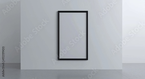 The empty placard in the museum has an empty frame. White paper poster mockup stand at gallery wall, front view, isolated, 3d rendering.