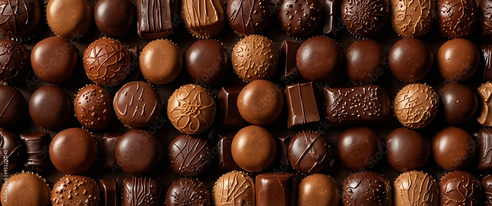 assorted gourmet chocolates rich flavors brown background copy space. assorted gourmet chocolates rich flavors brown background copy space.