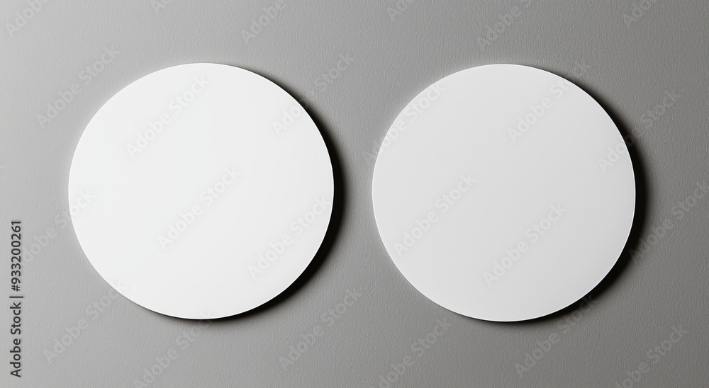A mockup of two white beer coasters set on a white surface A mockup of two white beer coasters set on a white surface