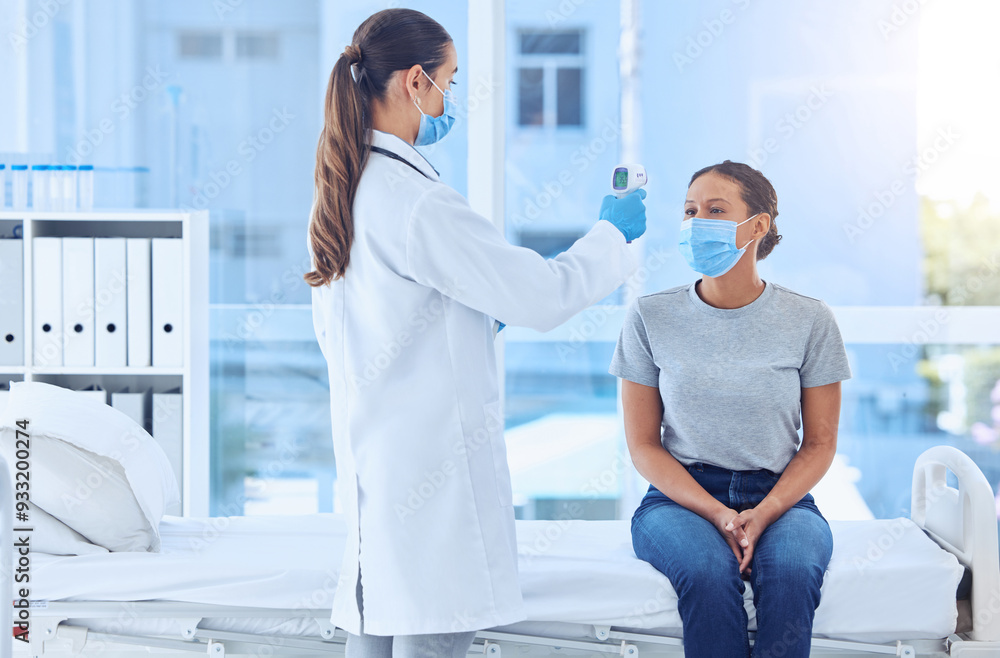 Obraz premium Healthcare, doctor and thermometer with woman for test, hospital or clinic checkup. Consultation, temperature and patient with medical professional for pandemic protection for covid compliance care