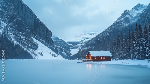 Cozy Cabin on Frozen Lake with Snowy Mountains