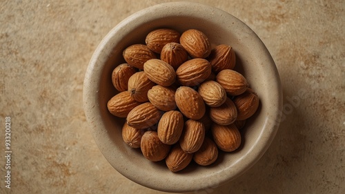 Almonds on beige background, top view Healthy food and nutrition concept. photo