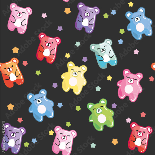 Children s seamless pattern for toddlers. Cute bears on a Black background with stars. Seamless pattern for baby textiles, packaging, backgrounds, wallpapers. Modern flat illustration.