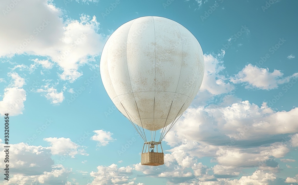 Fototapeta premium 3D rendering of a white balloon with hot air on a sky background. Mockup of an empty airship fly in the heavens. Template of a clear blimp with basket and gasbag for an expedition.