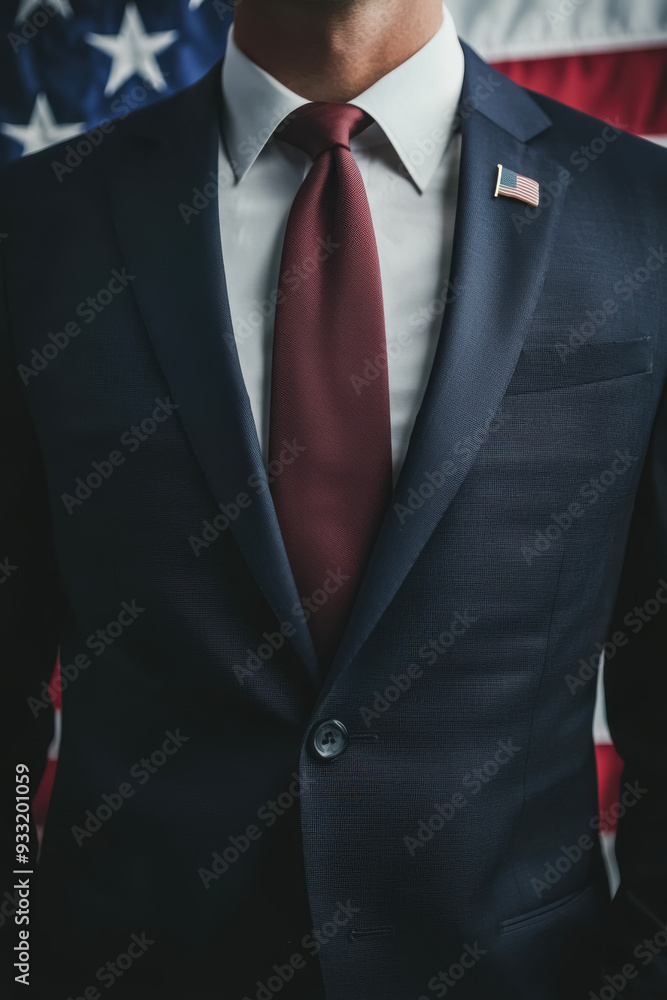 A close-up of a man in a navy suit with a deep red tie, standing confidently with the American flag in the background, symbolizing patriotism and professional pride. A close-up of a man in a navy suit with a deep red tie, standing confidently with the American flag in the background, symbolizing patriotism and professional pride.