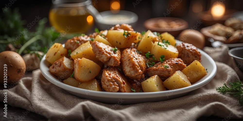 A delicious and healthy meal of chicken and potatoes slow-cooked in a crockpot. A delicious and healthy meal of chicken and potatoes slow-cooked in a crockpot.