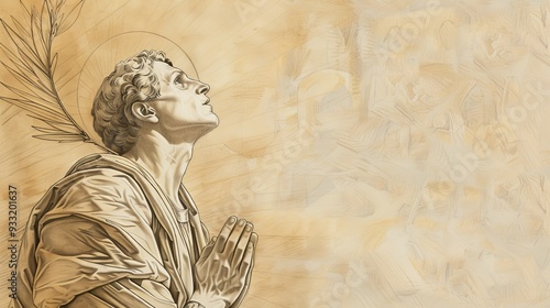 Saint Stephen's deep faith in prayer, holding a palm branch, serene church, martyrdom symbol, beige background, Biblical Illustration, copyspace