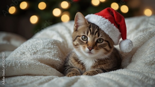 A cute kitten dressed in a cheerful Santa hat rests beneath a white blanket on a bed in a top down view providing ample copy space image.