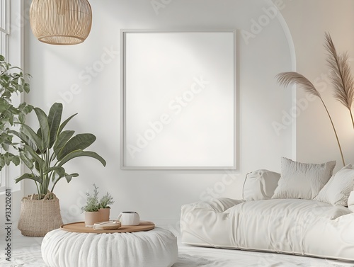 Minimalist and Scandinavian inspired floating frame mockup displayed in a cozy light filled living room with a hygge inspired Japanese design influence photo