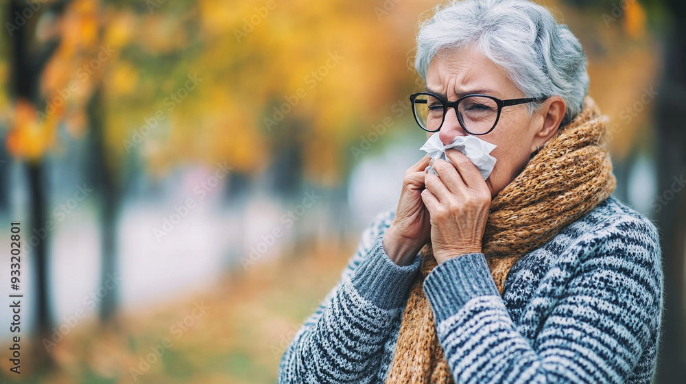 Elderly woman with cold using tissue in autumn park Elderly woman with cold using tissue in autumn park