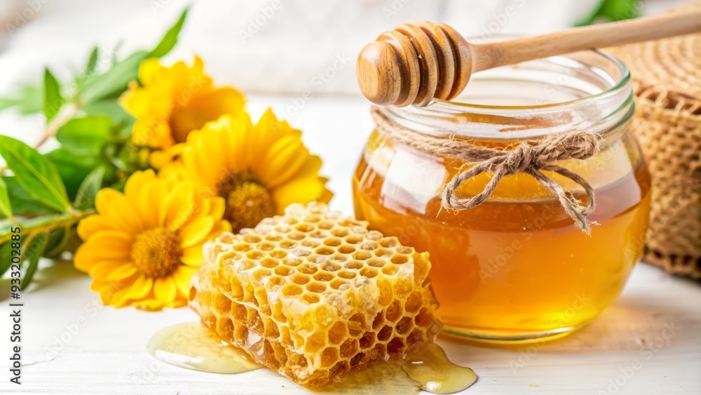 Jar Full of Fresh Honey and Honeycomb with Flowers on White Background Jar Full of Fresh Honey and Honeycomb with Flowers on White Background