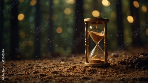 Golden hourglass with flowing sand in dark forest, glowing in sparkles Time and fantasy concept. photo