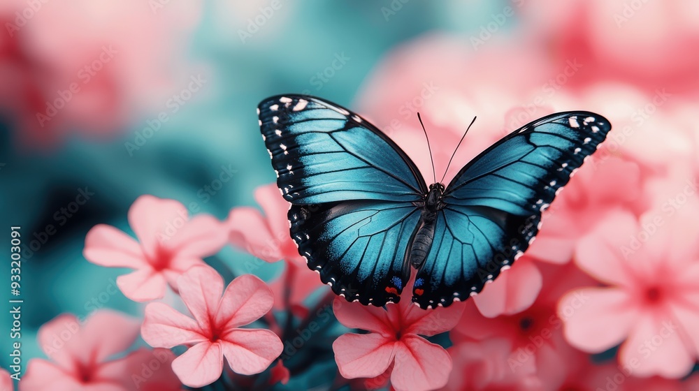 Naklejka premium Majestic Butterfly with Diamond-Encrusted Wings in Vibrant Garden - High Detail 8K Image with Copy Space for Text