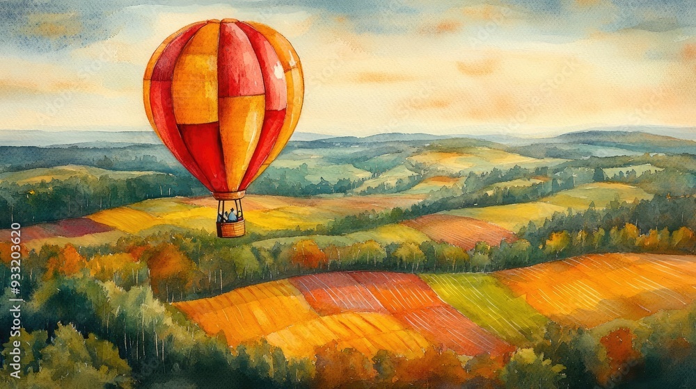 Fototapeta premium Hot air balloon over countryside watercolor, whimsical scene, patchwork fields, vibrant colors, floating journey, aerial view
