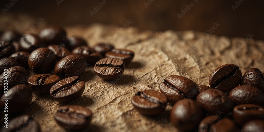 Fototapeta premium Coffee beans on crumpled paper background, rustic aesthetic Food and beverage concept.
