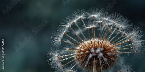 Close-up view of a blue dandelion seed head.