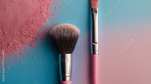 Close up of a makeup brush on pink and blue background. photo