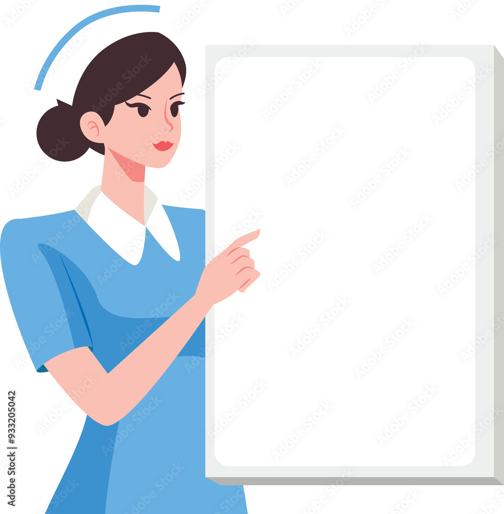 Woman nurse hand pointing on empty copy white board flat art illustration Woman nurse hand pointing on empty copy white board flat art illustration
