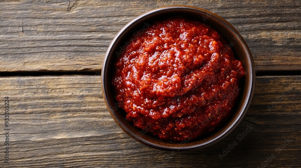 Gochujang (red chili paste) in bowl on wooden background, spicy and sweet fermented condiment in Korean food Gochujang (red chili paste) in bowl on wooden background, spicy and sweet fermented condiment in Korean food