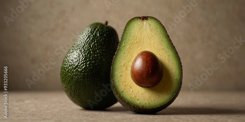 Halved avocado with seed on beige background, healthy and fresh concept.