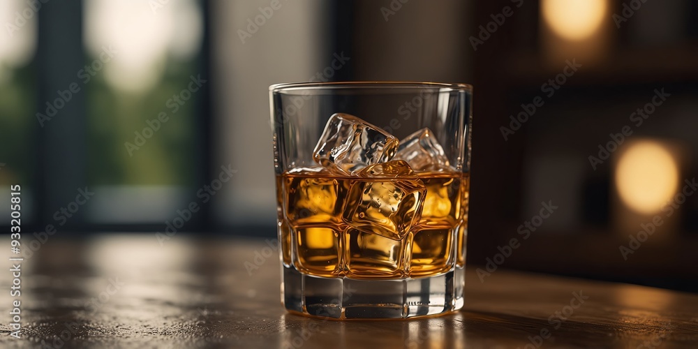 Glass of whiskey with ice on a sunlit table, elegant drink concept. Glass of whiskey with ice on a sunlit table, elegant drink concept.