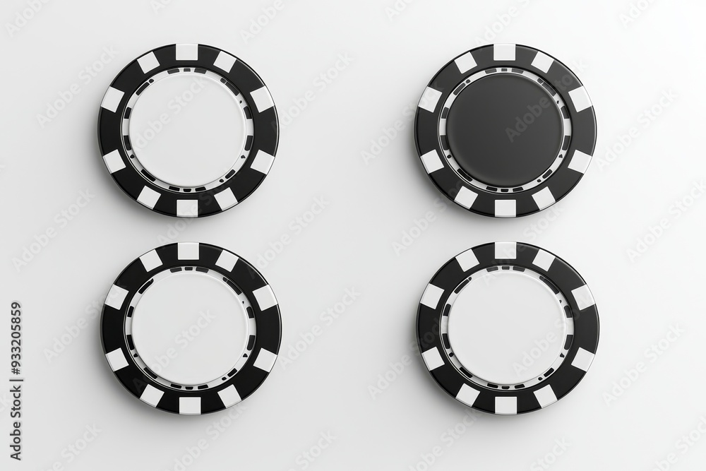 An empty black and white mock-up of a plastic round chip, shown from the top An empty black and white mock-up of a plastic round chip, shown from the top