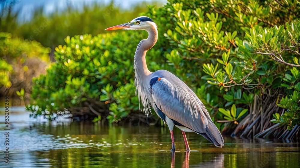 Fototapeta premium A majestic great blue heron stands tall in a serene Florida wetland, its feathers a soft gray and white, surrounded by lush green mangroves.