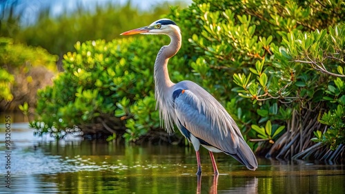 A majestic great blue heron stands tall in a serene Florida wetland, its feathers a soft gray and white, surrounded by lush green mangroves. photo