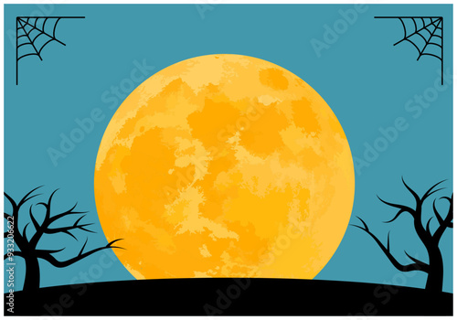 ハロウィンフレーム枯れ木と月背景14青