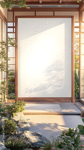 Minimalist Japanese-inspired interior design with a white frame backdrop,shoji screen,soft natural tones,and Wabi-sabi influenced zen garden elements creating a serene and peaceful atmosphere.