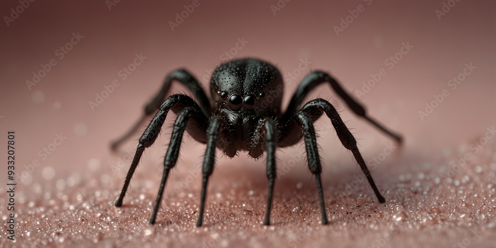 Close-up of a black spider on a pink background. Close-up of a black spider on a pink background.