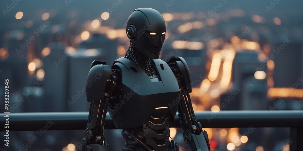 A dark and mysterious robot stands guard over the city. A dark and mysterious robot stands guard over the city.