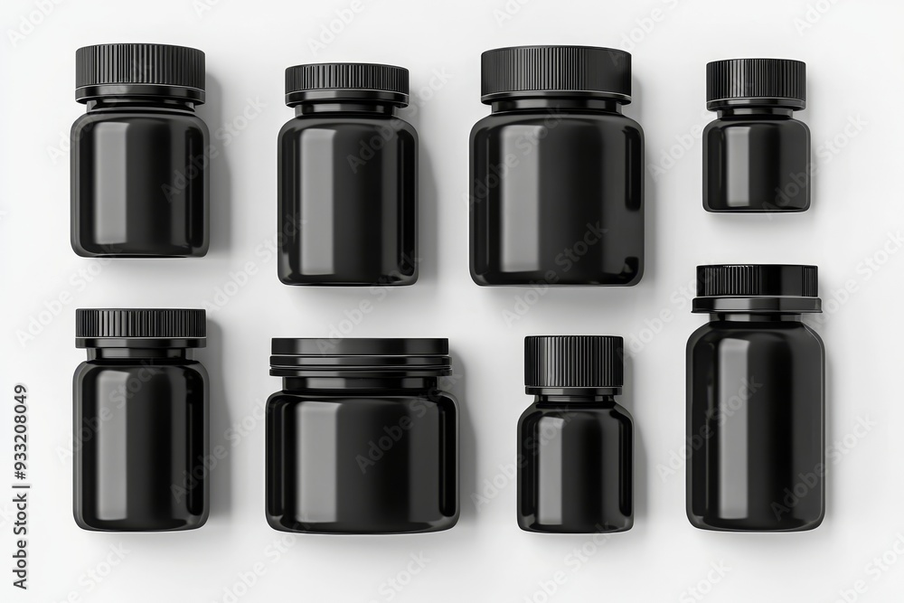 Black protein can, bottle, and shaker mockup, side view Black protein can, bottle, and shaker mockup, side view