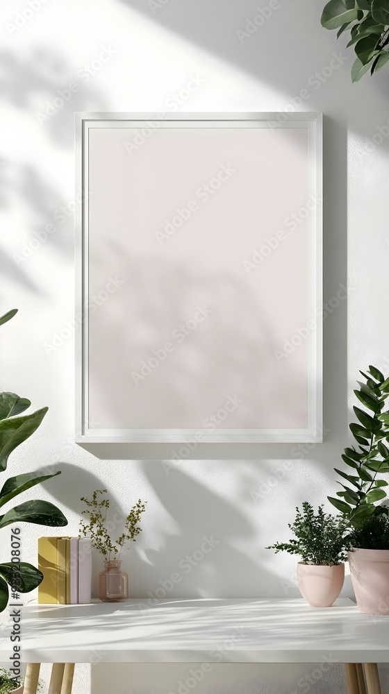 Minimalist mockup of a floating white frame displayed in a bright airy home office setting with abstract artwork on the wall and lush potted plants creating a serene and stylish ambiance Minimalist mockup of a floating white frame displayed in a bright airy home office setting with abstract artwork on the wall and lush potted plants creating a serene and stylish ambiance