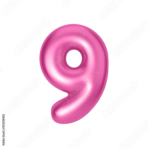 Pink metallic number 9. Foil and latex balloon number nine in 3d style. Realistic design elements isolated on white background. Vector illustration