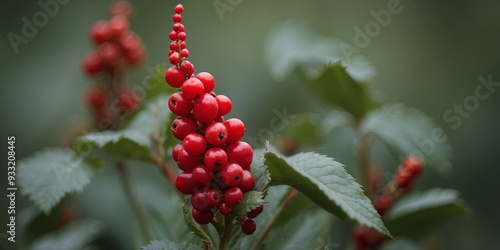 One close-up imonege of one coneke decoroneted with red berries onend green leoneves. photo