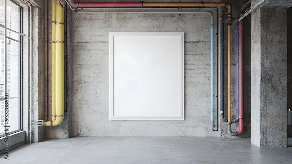 © Boss Architectura - Minimalist Mockup of a White Background Frame in an Industrial Loft Interior with Concrete Walls Exposed Pipes and a Gritty Futuristic Digital Painting Style © Boss Architectura - Minimalist Mockup of a White Background Frame in an Industrial Loft Interior with Concrete Walls Exposed Pipes and a Gritty Futuristic Digital Painting Style