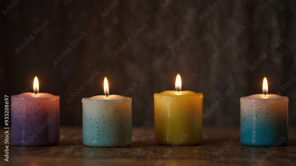 A row of lit candles sitting on top of a wooden table. A row of lit candles sitting on top of a wooden table.