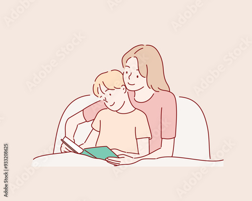 mother and son reading book. Hand drawn style vector design illustrations.