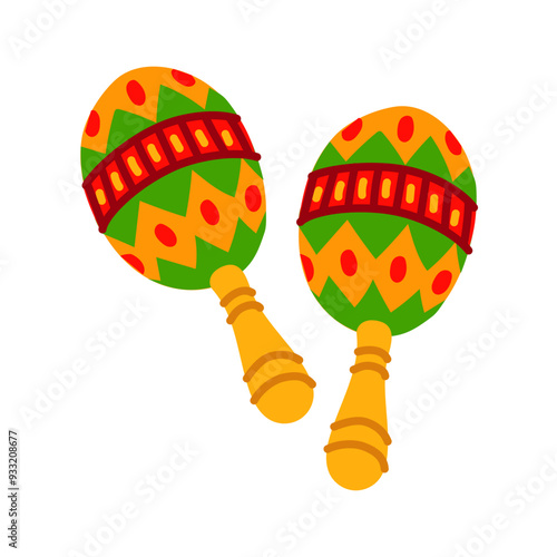 Maracas with a variety of patterns and bright colors. Vector flat illustration isolated on a white background. A Mexican musical instrument for playing. Percussion instrument