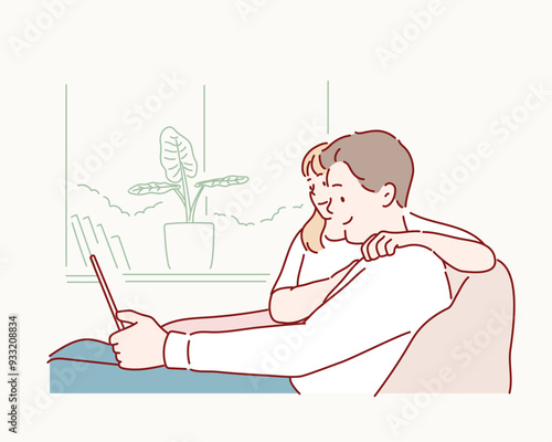 Happy multiethnic mature couple using digital tablet for online payment with credit card. Latin wife showing something to buy on digital tablet to her husband. Hand drawn style vector design ill