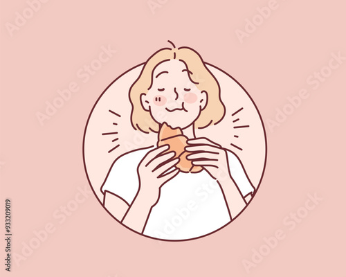 Happy woman eating a croissant. Hand drawn style vector design illustrations.