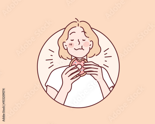  smiling pleased woman, eats glazed pink doughnut, enjoys eating tasty donnut. Hand drawn style vector design illustrations.