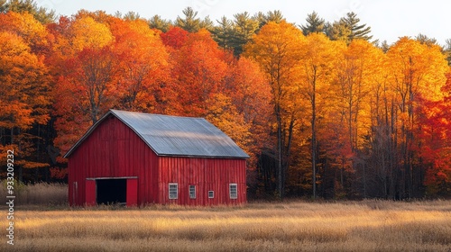 Rustic red barn surrounded by vibrant autumn trees in a peaceful rural setting