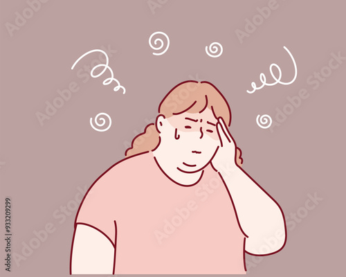 Overweight young woman suffering from headache, migraine or dizziness. Hand drawn style vector design illustrations.