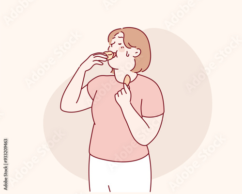  hungry fat woman eating big delicious bread, potato chips, fast food,unhealthy. Hand drawn style vector design illustrations.